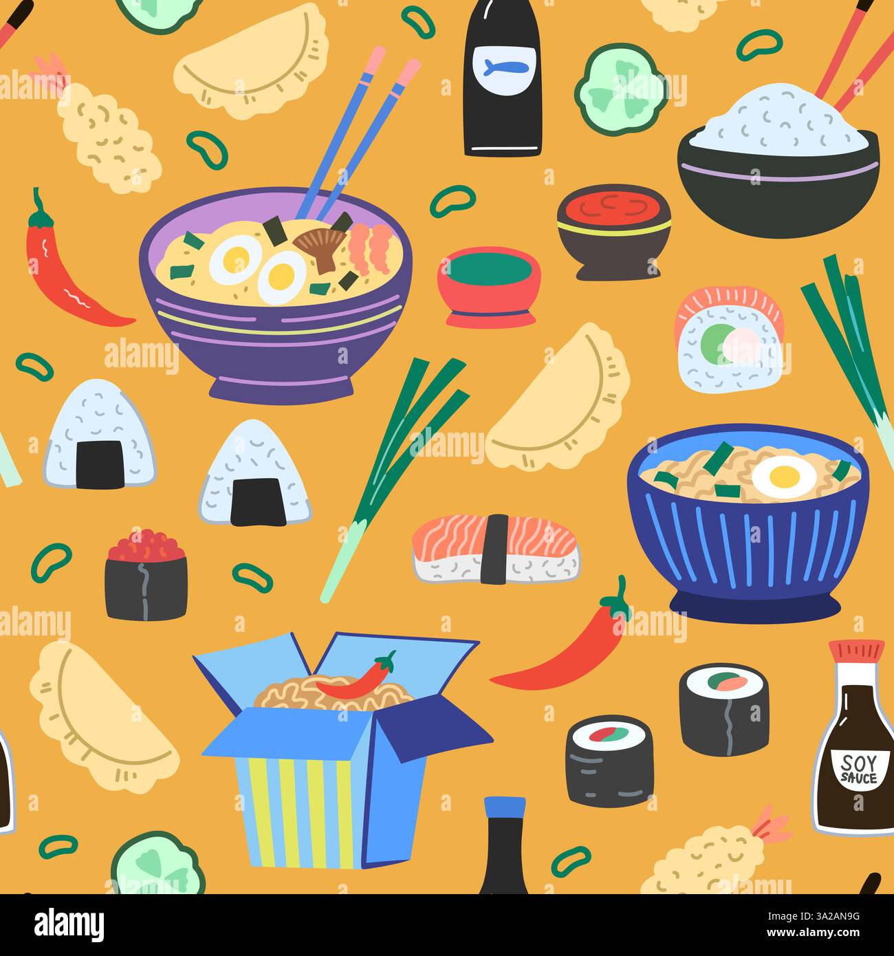Nahtloses Muster mit asiatischen Speisen, traditionellen japanischen und chinesischen Gerichten. Nudeln, Ramen, Sushi und Saucen. Handgezeichnete bunte Vektorillustration. Stock Vektor