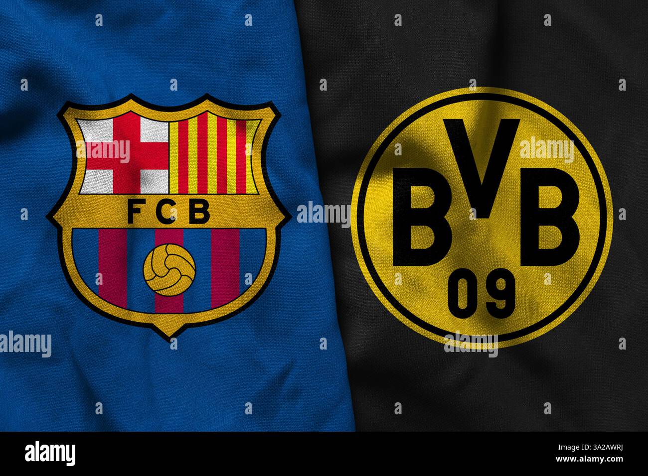 Pringsewu, Lampung; 13. März 2025; Textur des Stofflogos des FC Barcelona mit dem Konzept von Borussia Dortmund, dem Konzept von Stockfoto