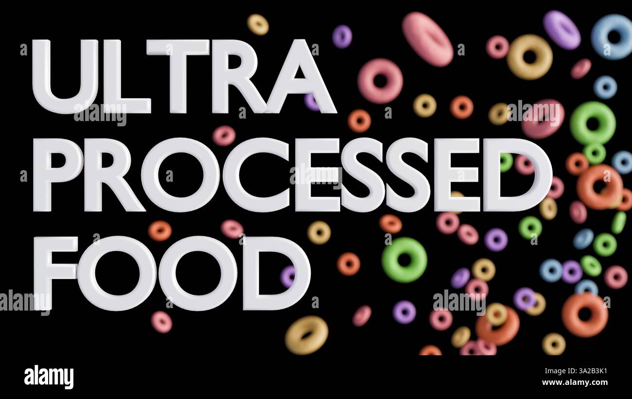 Ein 3D-Rendering des Satzes „GET A JOB“, der aus Getreidebuchstaben besteht, die in Milch in einer weißen Schüssel schweben. Es ist eine spielerische Einstellung gegenüber dem Stress, einen Job zu finden Stockfoto