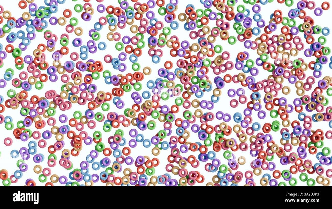 Ein 3D-Rendering des Satzes „GET A JOB“, der aus Getreidebuchstaben besteht, die in Milch in einer weißen Schüssel schweben. Es ist eine spielerische Einstellung gegenüber dem Stress, einen Job zu finden Stockfoto