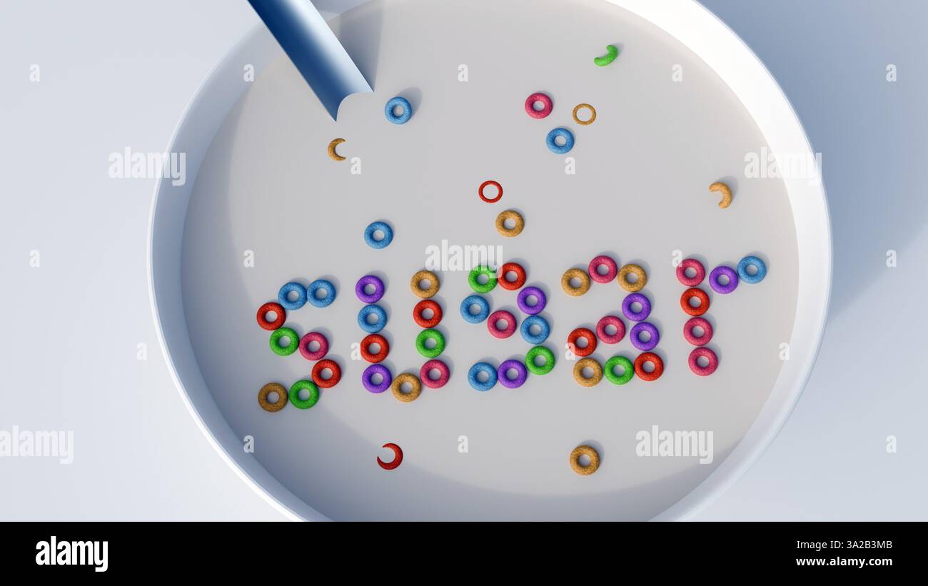 Ein 3D-Rendering des Satzes „GET A JOB“, der aus Getreidebuchstaben besteht, die in Milch in einer weißen Schüssel schweben. Es ist eine spielerische Einstellung gegenüber dem Stress, einen Job zu finden Stockfoto