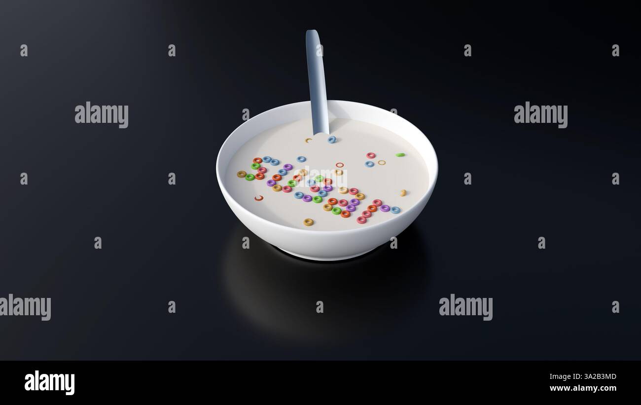 Ein 3D-Rendering des Satzes „GET A JOB“, der aus Getreidebuchstaben besteht, die in Milch in einer weißen Schüssel schweben. Es ist eine spielerische Einstellung gegenüber dem Stress, einen Job zu finden Stockfoto