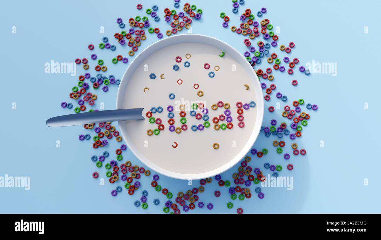 Ein 3D-Rendering des Satzes „GET A JOB“, der aus Getreidebuchstaben besteht, die in Milch in einer weißen Schüssel schweben. Es ist eine spielerische Einstellung gegenüber dem Stress, einen Job zu finden Stockfoto