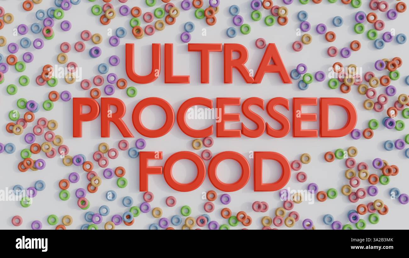 Ein 3D-Rendering des Satzes „GET A JOB“, der aus Getreidebuchstaben besteht, die in Milch in einer weißen Schüssel schweben. Es ist eine spielerische Einstellung gegenüber dem Stress, einen Job zu finden Stockfoto