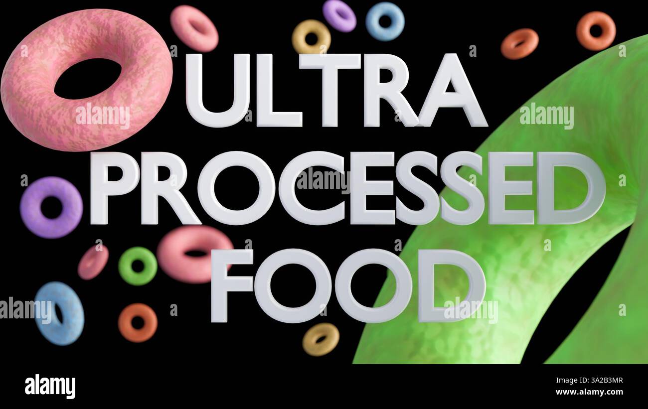 Ein 3D-Rendering des Satzes „GET A JOB“, der aus Getreidebuchstaben besteht, die in Milch in einer weißen Schüssel schweben. Es ist eine spielerische Einstellung gegenüber dem Stress, einen Job zu finden Stockfoto