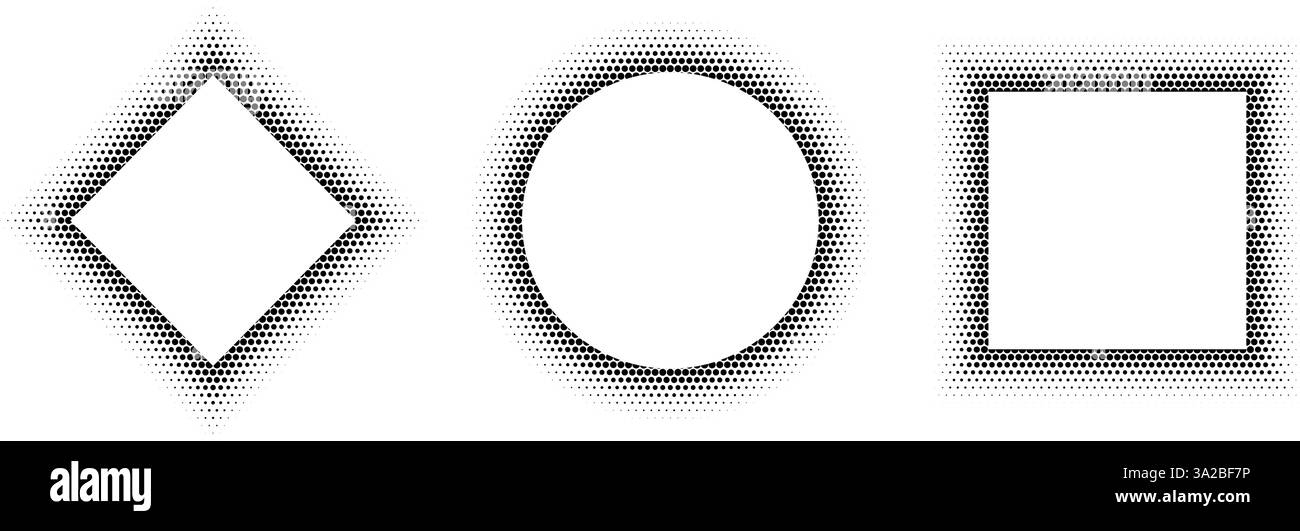 Geometrischer Rahmensatz für schwarzen Halbton. Kollektion mit gepunktetem Farbverlauf. Pop-Art-Comic-Bilderhalter für Bannervorlage, Kopierraum, Emblem, Poster, Broschüre. Vektor-Rasterlinien-Paket Stock Vektor