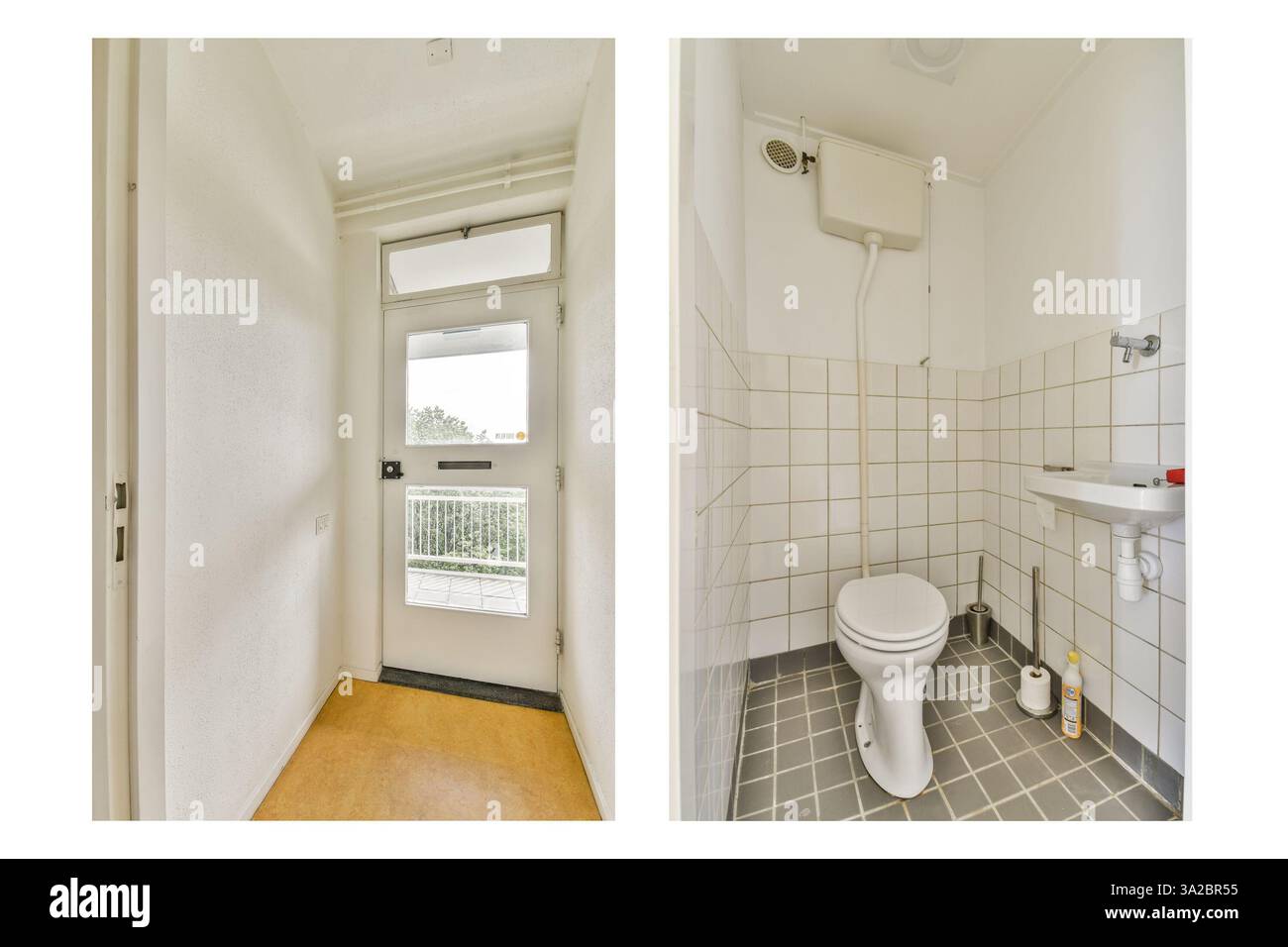 Ein sauberes, modernes Design mit einem hellen Flur neben einem minimalistischen Badezimmer mit gefliesten Wänden und wichtigen Armaturen. Funktionale und gut beleuchtete Räume. Stockfoto