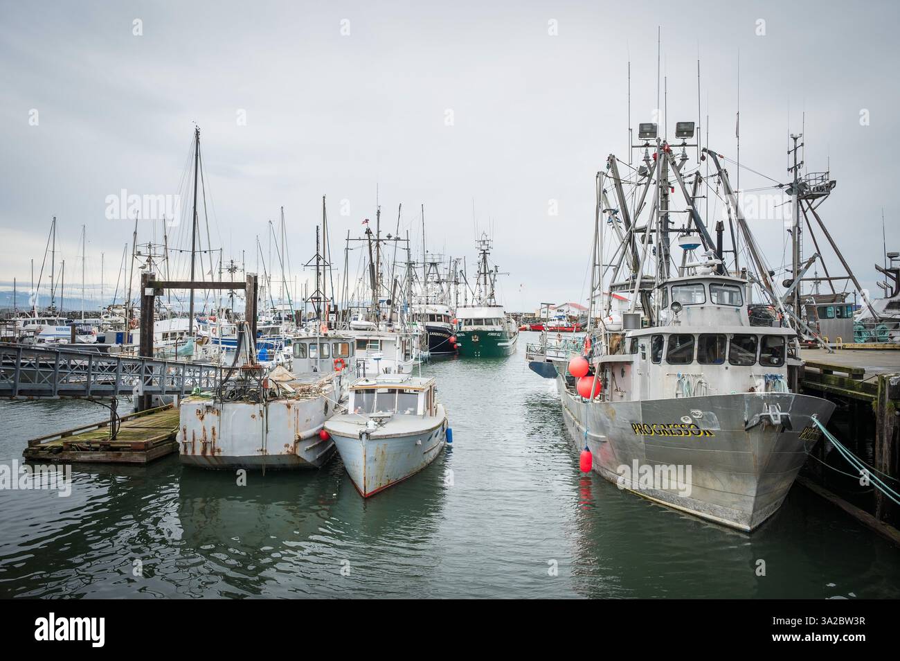 Kommerzielle Fischerei- und Krabbenfänger, die im French Creek Harbour zwischen Parksville und Qualicum Beach an der Ostküste von Vancouver Island vor Anker liegen, Stockfoto