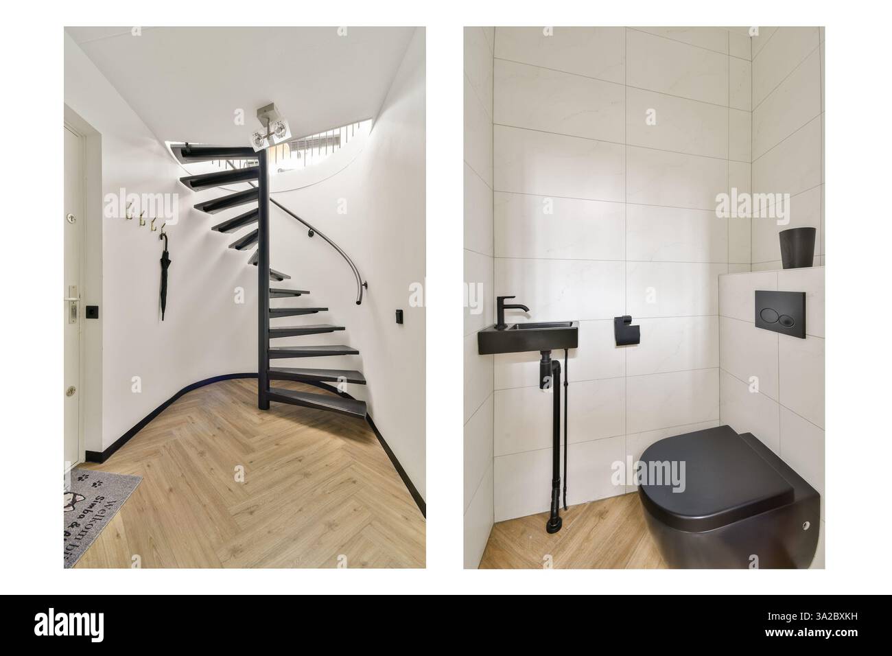 Eine schlanke Wendeltreppe kombiniert mit einem modernen Bad-Design bietet minimalistische Eleganz und Funktionalität in der Innenarchitektur. Stockfoto