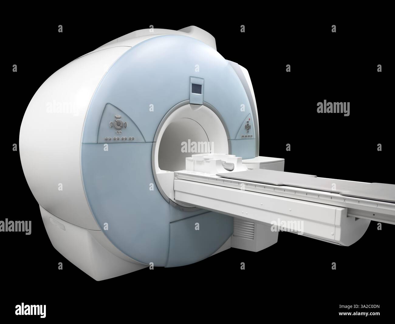 MRT-Scanner – Magnetresonanztomographie, isoliert auf schwarzem Hintergrund. Medizinisches Diagnosegerät isoliert. Stockfoto
