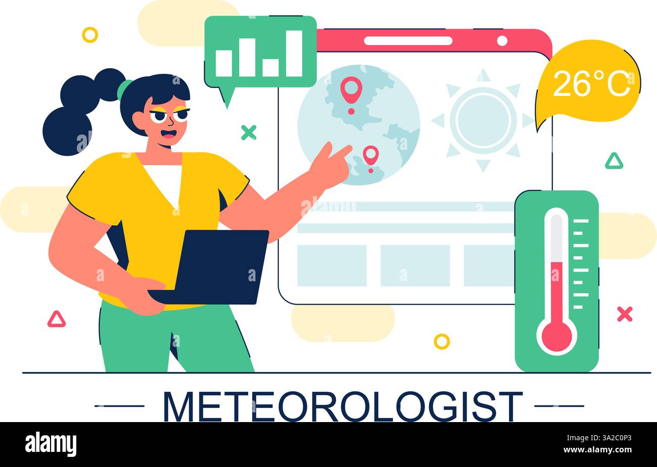 Meteorologe Vektor-Illustration mit einem Wettervorhersage, der atmosphärische Niederschlagskarten und Wettermuster in einem flachen Hintergrund analysiert Stock Vektor