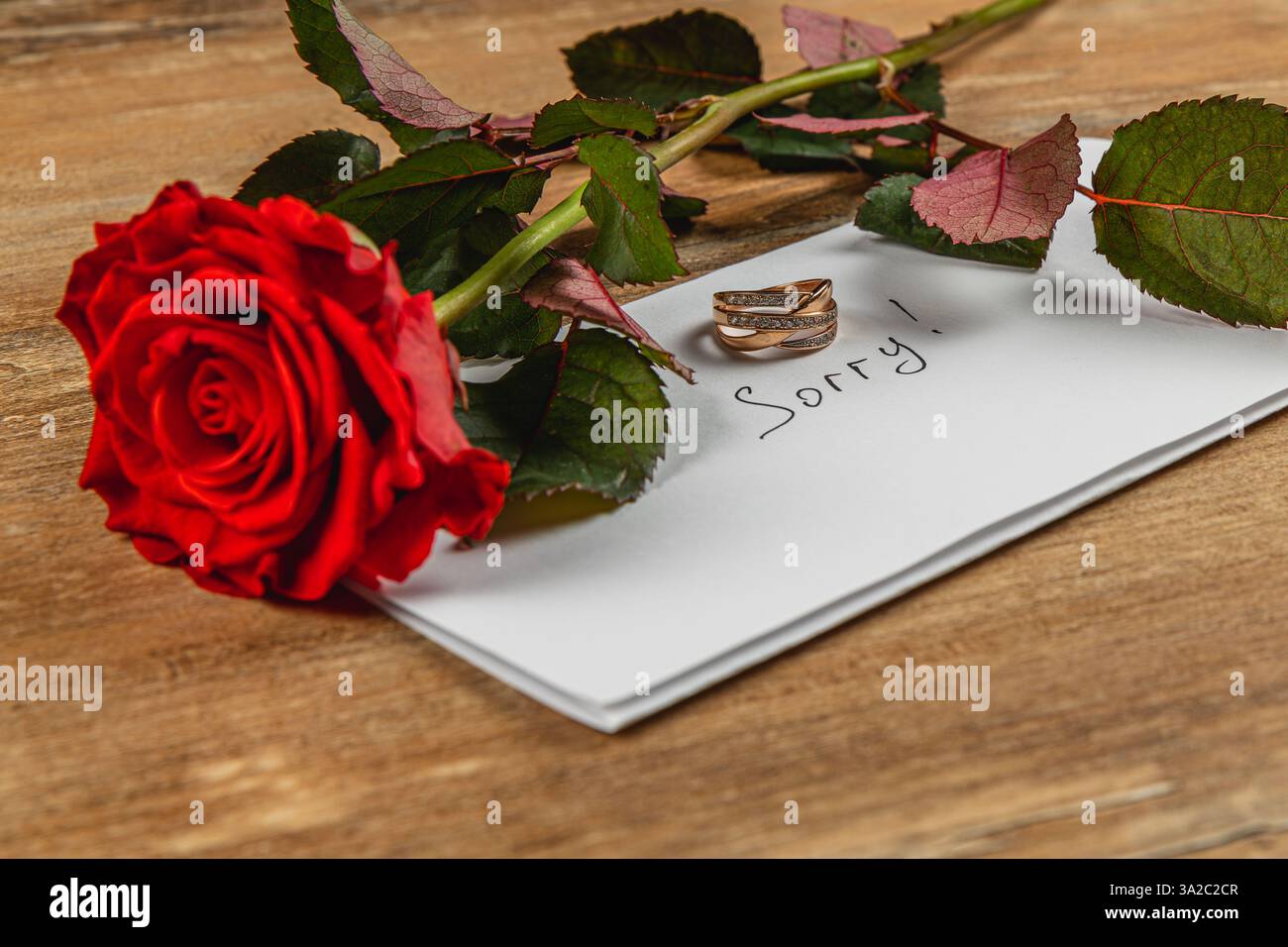 Eine einzelne rote Rose liegt auf einem Holztisch neben einem weißen Umschlag, auf dem „Sorry“ steht, mit zwei Eheringen, die eine gebrochene Bindung symbolisieren Stockfoto