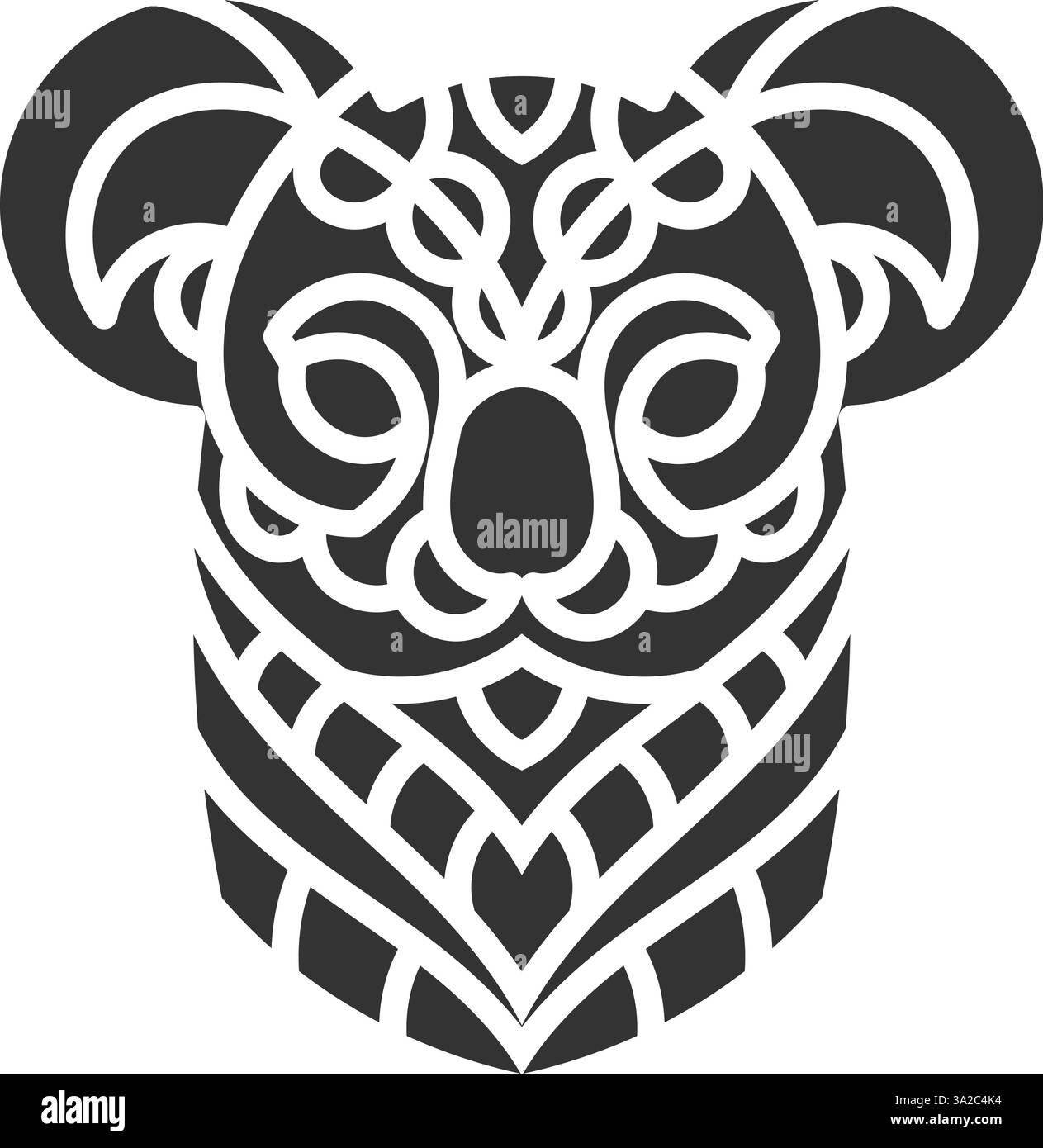 Komplexe Koala-Illustration im Stammesstil in Schwarz und weiß mit auffälligen geometrischen Mustern und symmetrischem Design, ideal für Tattoos, Logos und Grafiken Stock Vektor