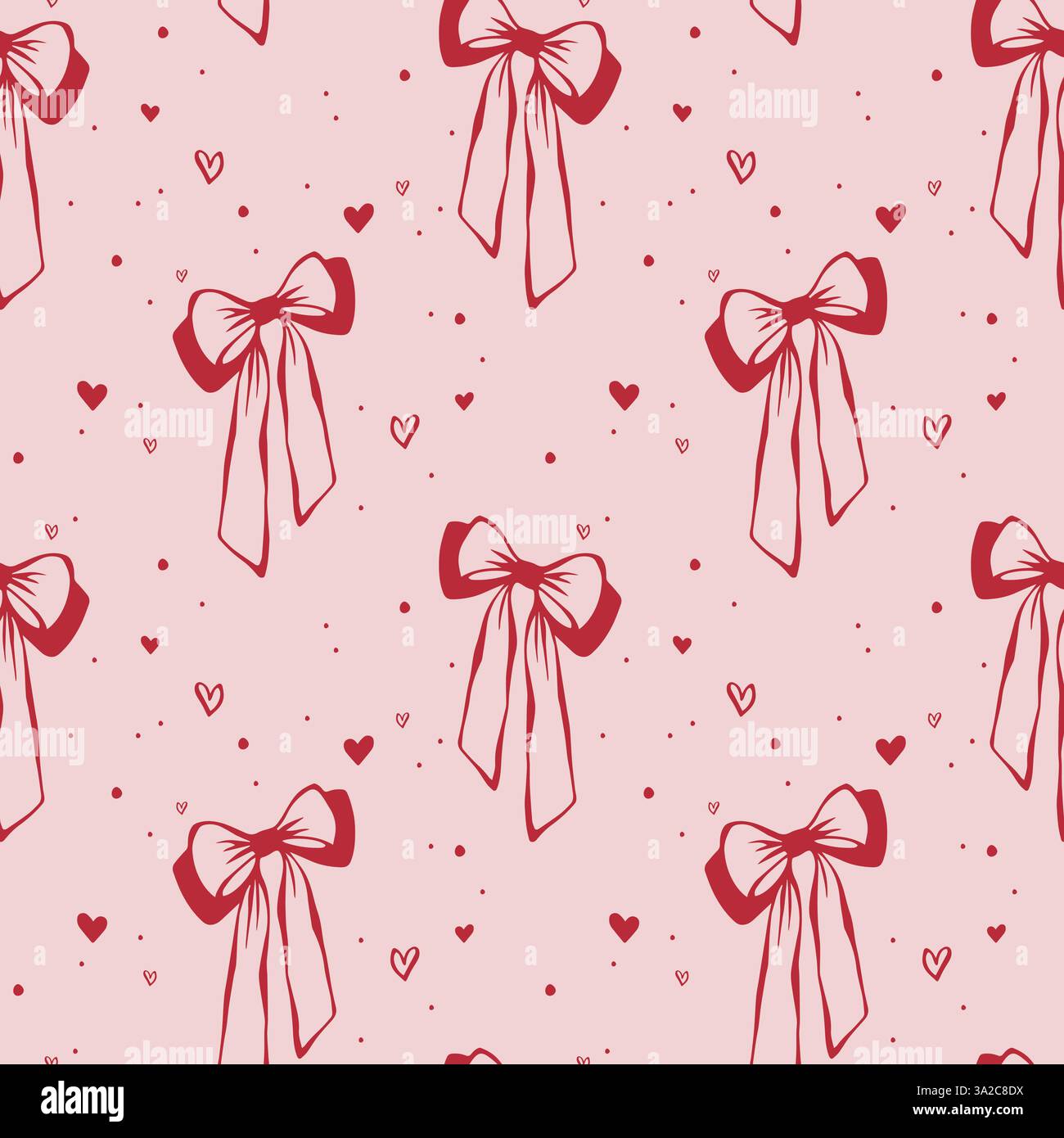 Rote Bögen und Herzen auf rosafarbenem Hintergrund. Coquettkern. Nahtloses Muster EPS Vektor Hand gezeichnet für mädchenhaft, romantisch, Hochzeitsdesign, Textil, Verpackung, Stoff, Tapete, Scrapbooking. Umrissskizze. Stock Vektor