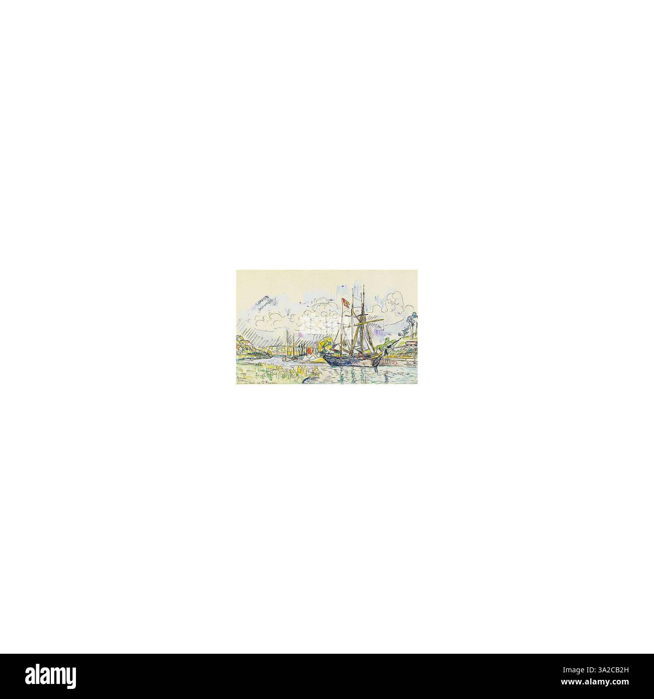 Dieses Stück zeigt Segelboote, die an einem Kai angedockt sind, wobei Reflexionen auf dem Wasser und Lichtspiel durch Signacs pointillistische Technik betont werden. Stockfoto
