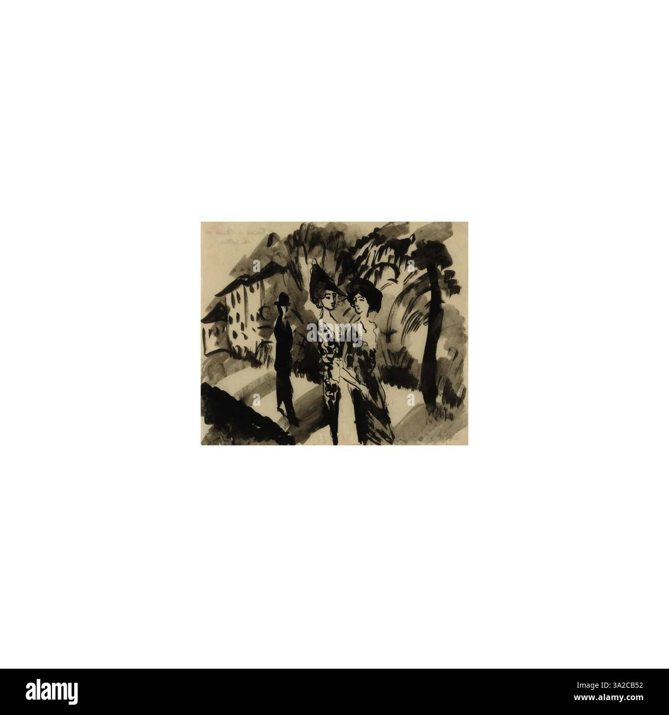 Dieses Gemälde zeigt zwei Frauen und einen Mann, die gemeinsam auf einer Allee spazieren, wobei die Figuren in lebendigen, vereinfachten Formen dargestellt werden. Macke fängt ihre Interaktion und die leise Energie der Szene ein und verwendet eine helle Farbpalette, um die Stimmung hervorzuheben. Stockfoto