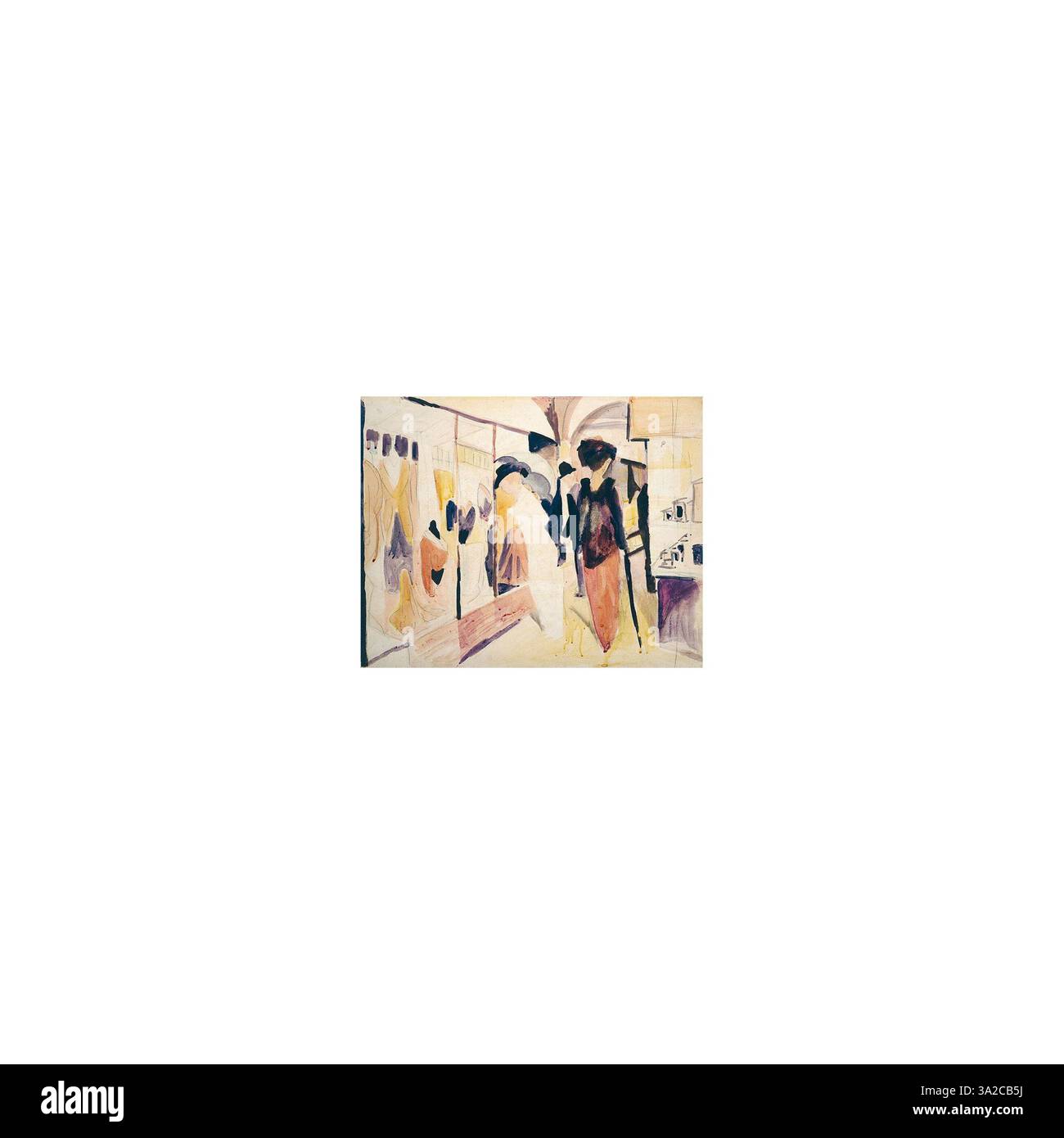 Das Modegeschäft im Laubengang von August Macke zeigt eine modische Szene einer Ladenfront in einer Arkade. Das Gemälde spiegelt Mackes Interesse am urbanen Leben, der Mode und der dynamischen Energie der modernen Stadt wider. Stockfoto