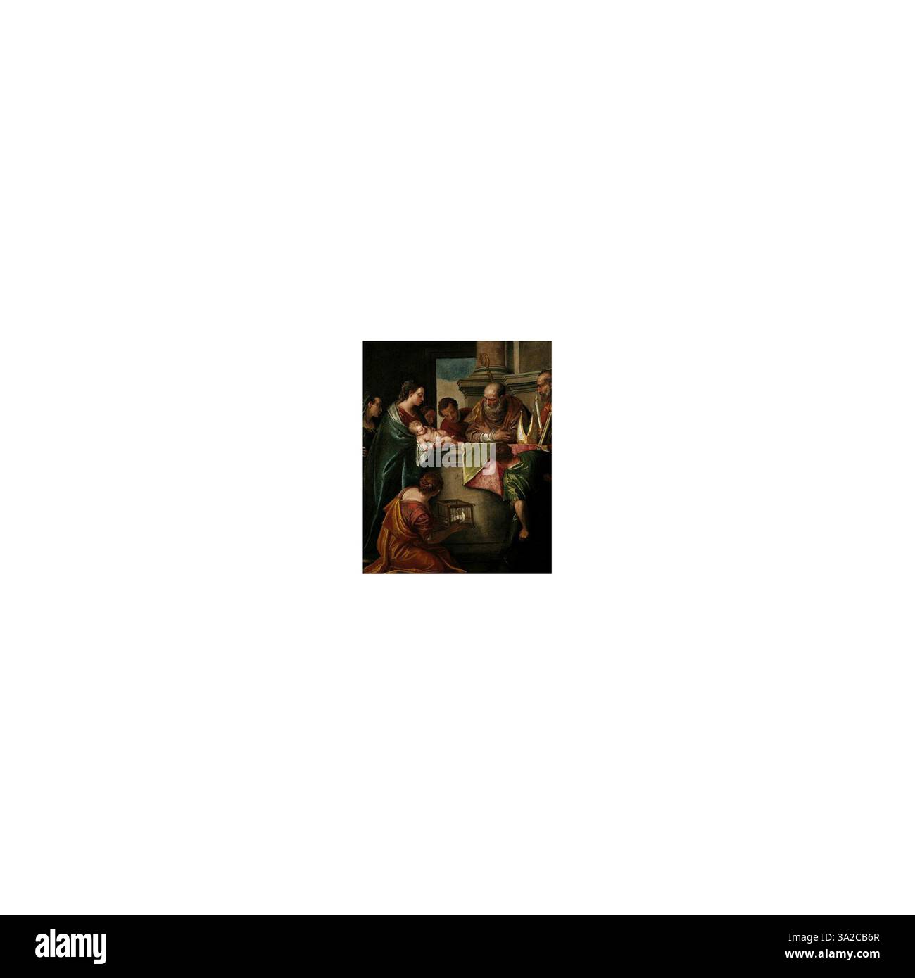 Dieses Stück zeigt ein Werk von Paolo Veronese, das sich auf seine charakteristische Figurendarstellung und seinen Kompositionsstil konzentriert. Das Kunstwerk ist ein Zeugnis seiner venezianischen künstlerischen Meisterschaft. Stockfoto