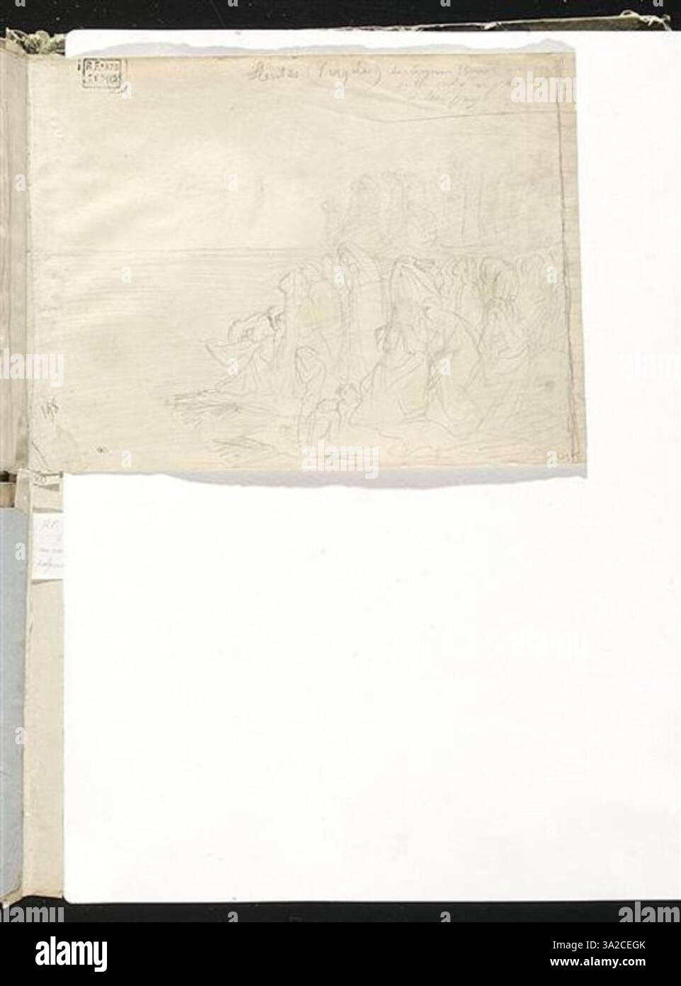 Diese Studie zeigt eine Szene von Trojanischen Frauen, die sich am Meeresrand versammeln, und betont die emotionale und dramatische Interaktion zwischen den Figuren. Stockfoto