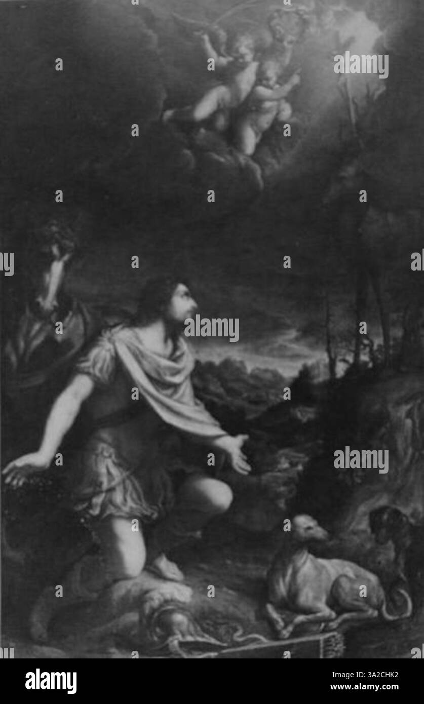 Das Werk von Guido Reni zeigt den charakteristischen Barockstil des Künstlers mit einem Schwerpunkt auf expressiven Figuren, dramatischer Beleuchtung und emotionaler Intensität. Die Komposition hebt die Nutzung von Raum und Gleichgewicht hervor, die typisch für die Barockzeit ist. Stockfoto