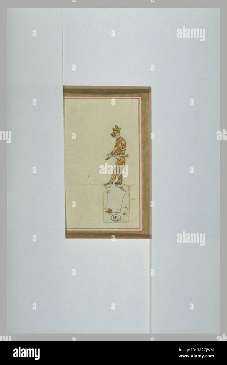 Chassériau präsentiert ein Harlequin in der Profilansicht und hebt das Gesicht und die Kostümdetails der Figur hervor. Der spielerische Charakter der Figur wird sowohl durch Haltung als auch durch Ausdruck festgehalten. Stockfoto