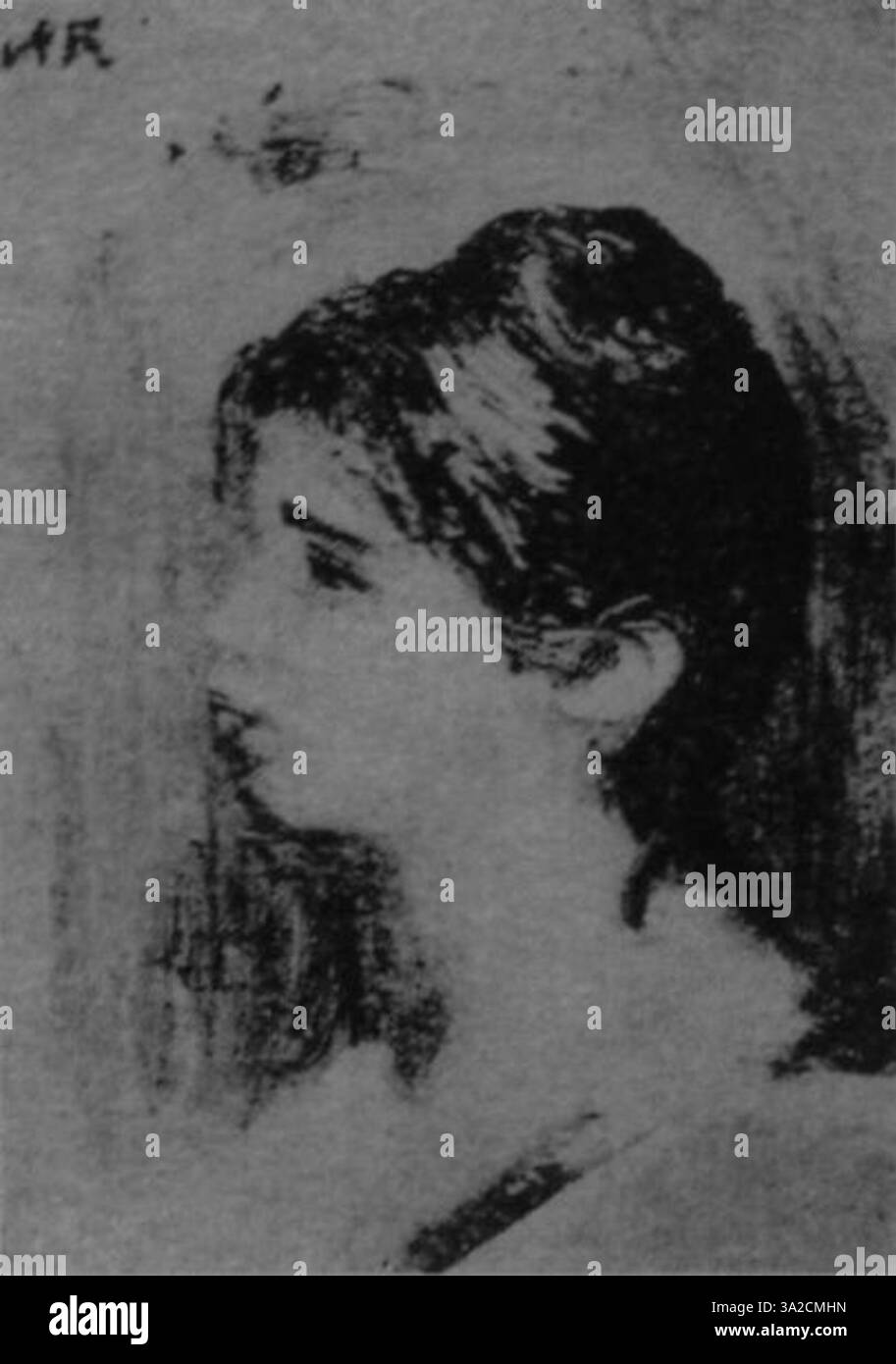 Dieses Gemälde von Pierre-Auguste Renoir zeigt eine in sanftem Licht getauchte Figur, die mit zarten Pinselstrichen die subtilen Texturen der Form des Motivs und der Umgebung einfängt. Renoir setzt Farbe und Licht ein und vermittelt ein Gefühl von Wärme und Ruhe. Stockfoto