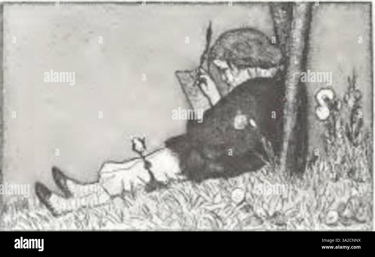 Max Klingers „Sänger, 017“ ist Teil einer Serie, die die Schnittstelle von Musik und Emotionen erforscht. Die in diesem Stück dargestellte Figur deutet auf einen kontemplativen Zustand hin, wobei das ausdrucksstarke Gesicht ein Gefühl von Verletzlichkeit und Tiefe vermittelt. Der klangliche Kontrast unterstreicht die krasse Realität der inneren Welt der Figur und lenkt die Aufmerksamkeit auf den inneren Kampf. Stockfoto