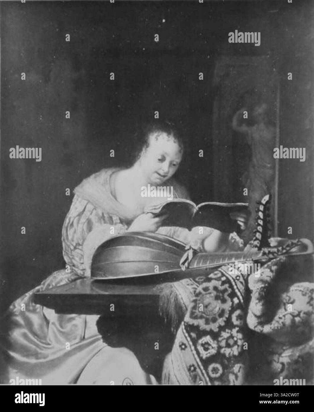 Frans van Mieris the Älteren „Woman Singing“ fängt den ruhigen Moment einer Frau ein. Das Gemälde hebt Mieris’ charakteristischen Fokus auf realistische Details hervor, wie die Textur der Kleidung der Frau und die Weichheit ihres Ausdrucks in einem ruhigen Innenraum. Das Werk ist ein Beispiel für die Genremalerei aus dem Goldenen Zeitalter der Niederlande, bekannt für ihre intime Darstellung des Alltags. Stockfoto
