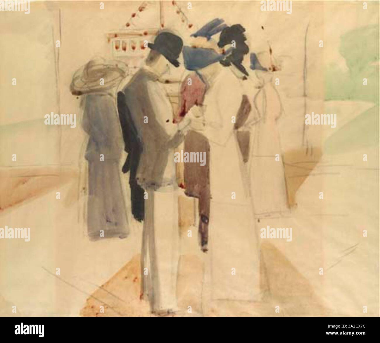 „Vor der Regatta“ (vor der Regatta) von August Macke zeigt Menschen, die sich vor einem Bootsrennen versammelten. Die lebendige Szene ist mit hellen Farben und ausdrucksstarken Pinselstrichen gemalt. Stockfoto