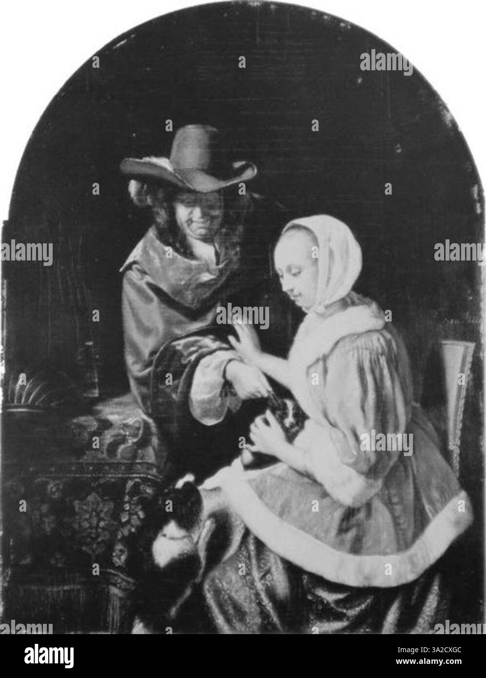 Das Gemälde von Frans van Mieris dem Älteren zeigt seinen charakteristischen Fokus auf Textur und naturalistischer Darstellung. Das in lebensechter Qualität dargestellte Motiv spiegelt die sorgfältige Untersuchung des menschlichen Ausdrucks und der Details des häuslichen Lebens des 17. Jahrhunderts wider. Stockfoto