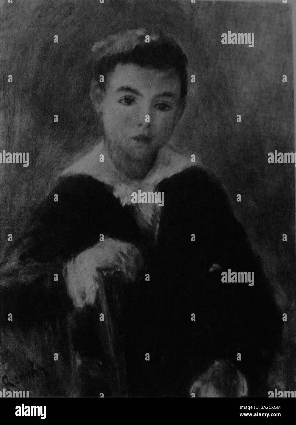 „Renoir 572“ zeigt Figuren, die in einer natürlichen Umgebung interagieren, mit weichen, fließenden Pinselarbeiten, die sowohl Bewegung als auch Harmonie zwischen Motiven betonen. Das Stück zeigt Renoir seine Kunst, Licht und Farbe zu porträtieren, um ein Gefühl von Intimität und Wärme zu wecken. Stockfoto