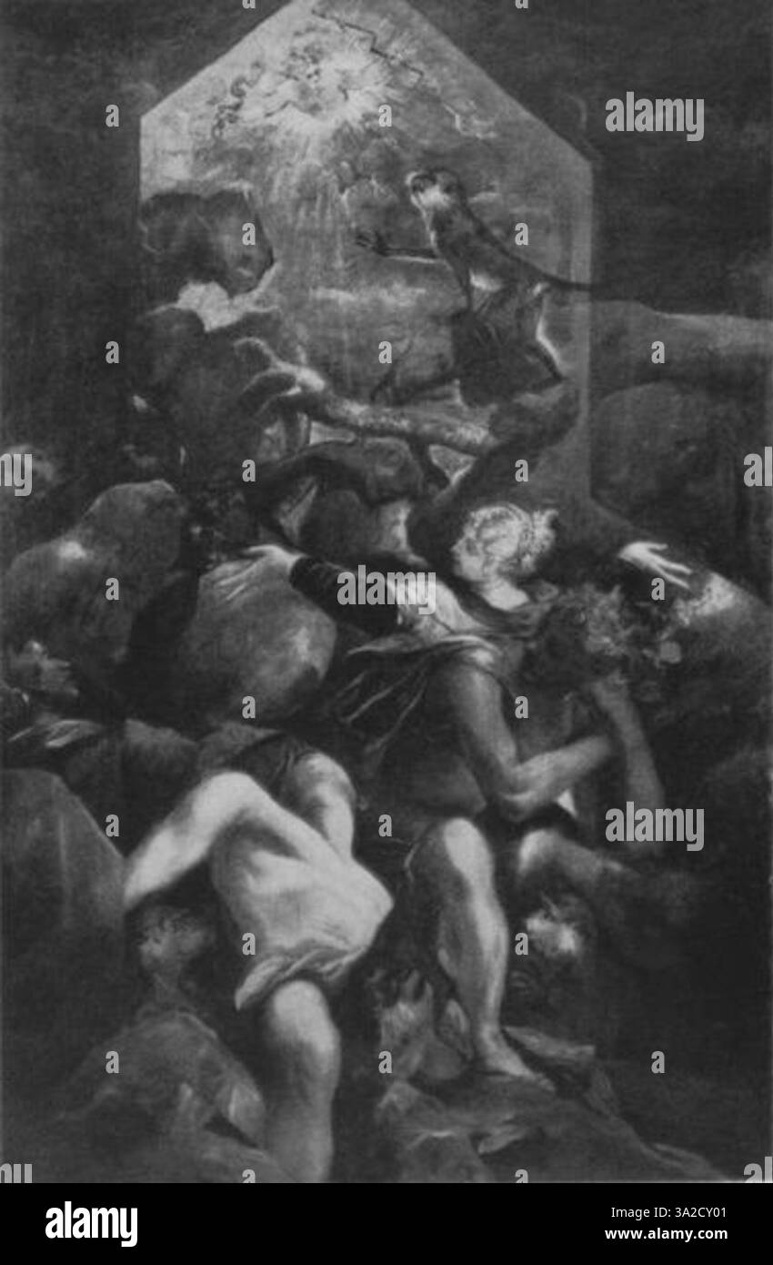 Dieses Gemälde von Tintoretto zeigt seine charakteristische dramatische Beleuchtung und energische Komposition. Die Figuren in der Szene vermitteln ein starkes Gefühl von Dringlichkeit und Emotionen, das für sein Werk der Spätrenaissance charakteristisch ist. Stockfoto