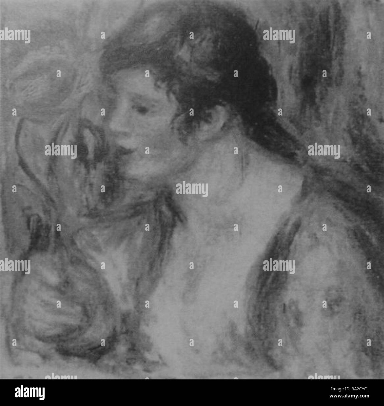 Renoir's 4239a zeigt eine Darstellung der sozialen Interaktion im Freien und zeigt seine charakteristischen Pinselarbeiten und lebendigen Farbtöne. Die Figuren führen Gespräche, umgeben von einer üppigen, sonnendurchfluteten Kulisse. Stockfoto