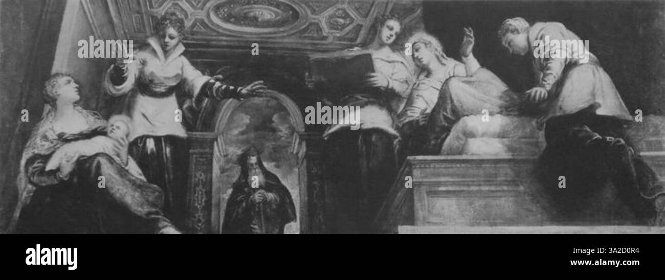 Dieses Gemälde von Jacopo Tintoretto demonstriert seine charakteristische Verwendung dynamischer Figuren und dramatischer Beleuchtung, um die emotionale Intensität einer religiösen oder historischen Erzählung zu verstärken. Stockfoto