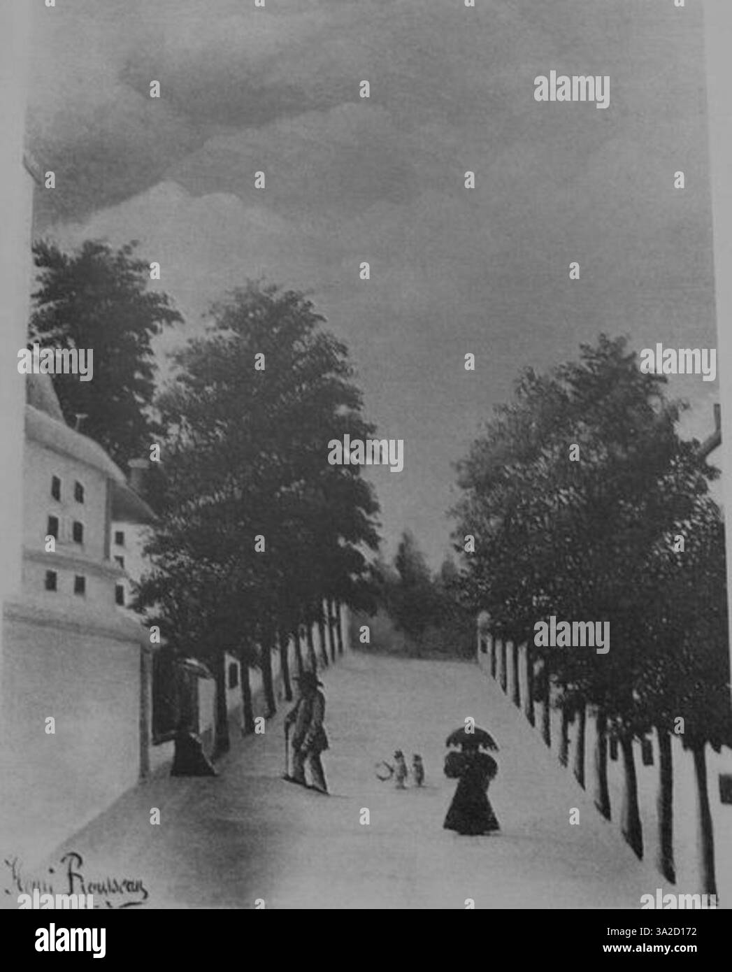 Henri Rousseau verwendet in diesem Werk seine charakteristische Verwendung von hellen, gesättigten Farben und vereinfachten Formen, um eine harmonische Darstellung von Natur und Figur in einer stilisierten Umgebung zu schaffen. Stockfoto