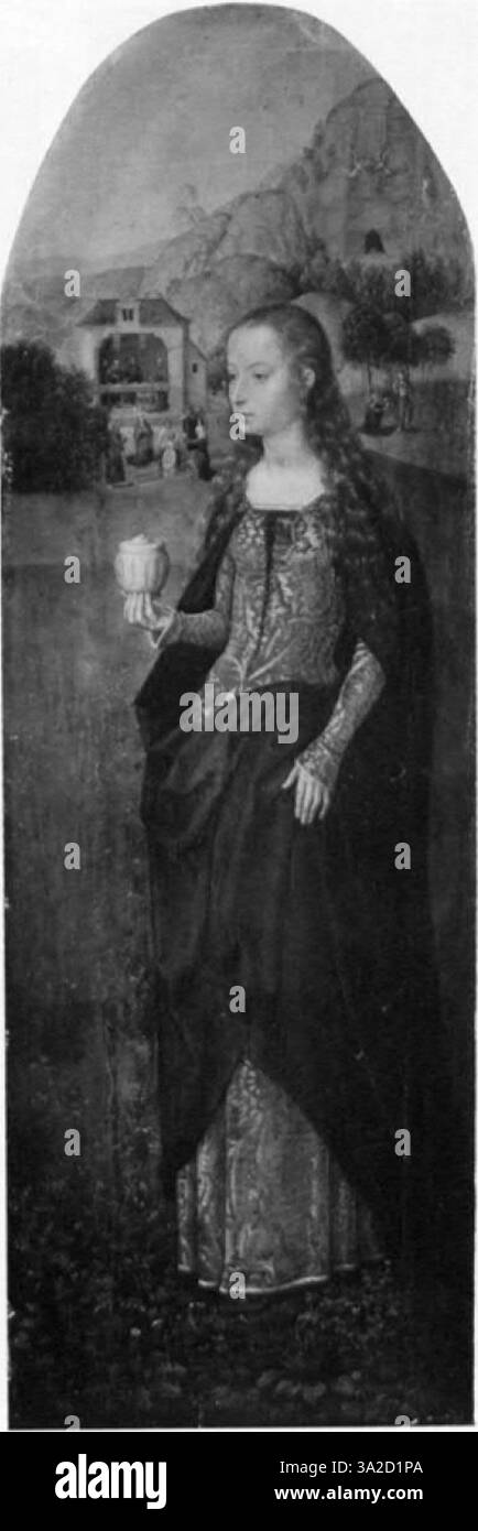 Dieses Kunstwerk von Hans Memlinc und Gerard David stellt eine religiöse Erzählung mit auffälligem Realismus dar. Die Figuren sind akribisch detailliert und die Farbpalette ist reichhaltig und zeigt die Meisterschaft der Künstler bei der Darstellung heiliger Themen. Stockfoto