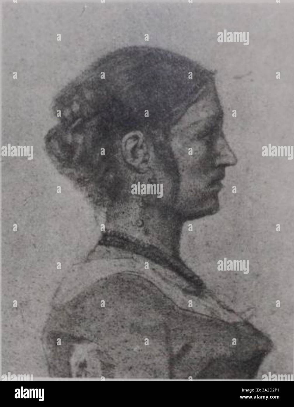 Eine Darstellung eines Frauenporträts, das durch starke Kontraste von Hell und Dunkel gekennzeichnet ist und Van Goghs einzigartige Haltung zu Schatten und Textur unterstreicht. Stockfoto