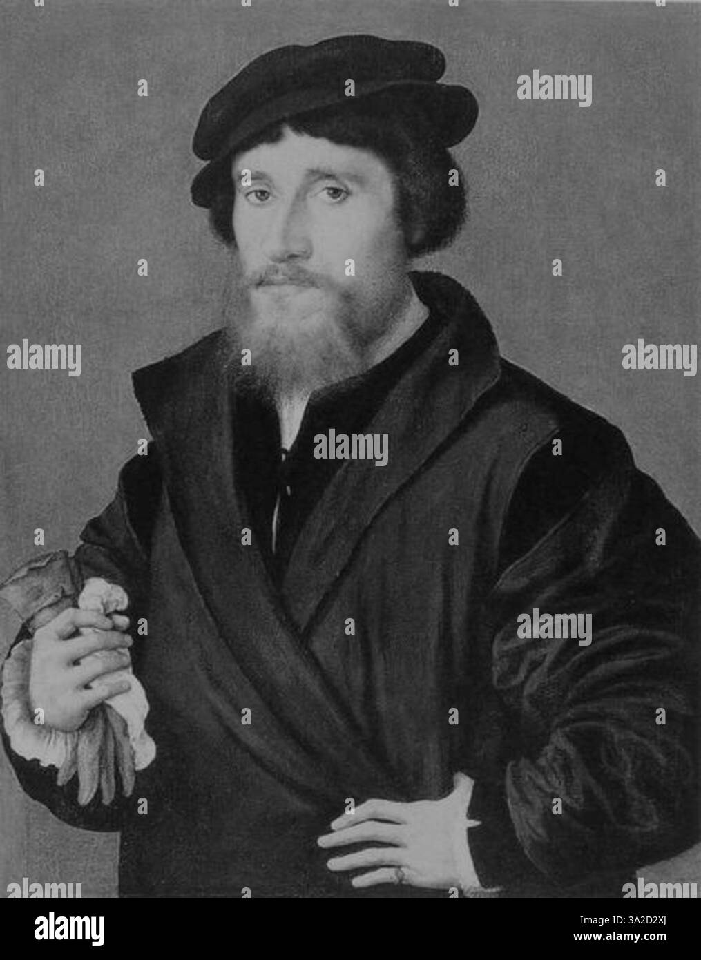 Dieses Porträt von Joos van Cleve aus dem 16. Jahrhundert mit dem Titel „Portrait d'un homme“ spiegelt die charakteristische, detaillierte Pinselarbeit und die lebensechte Darstellung eines Mannes wider. Das Gemälde ist in einer privaten Sammlung untergebracht und zeigt das hohe Können und die Präzision der nördlichen Renaissance. Stockfoto