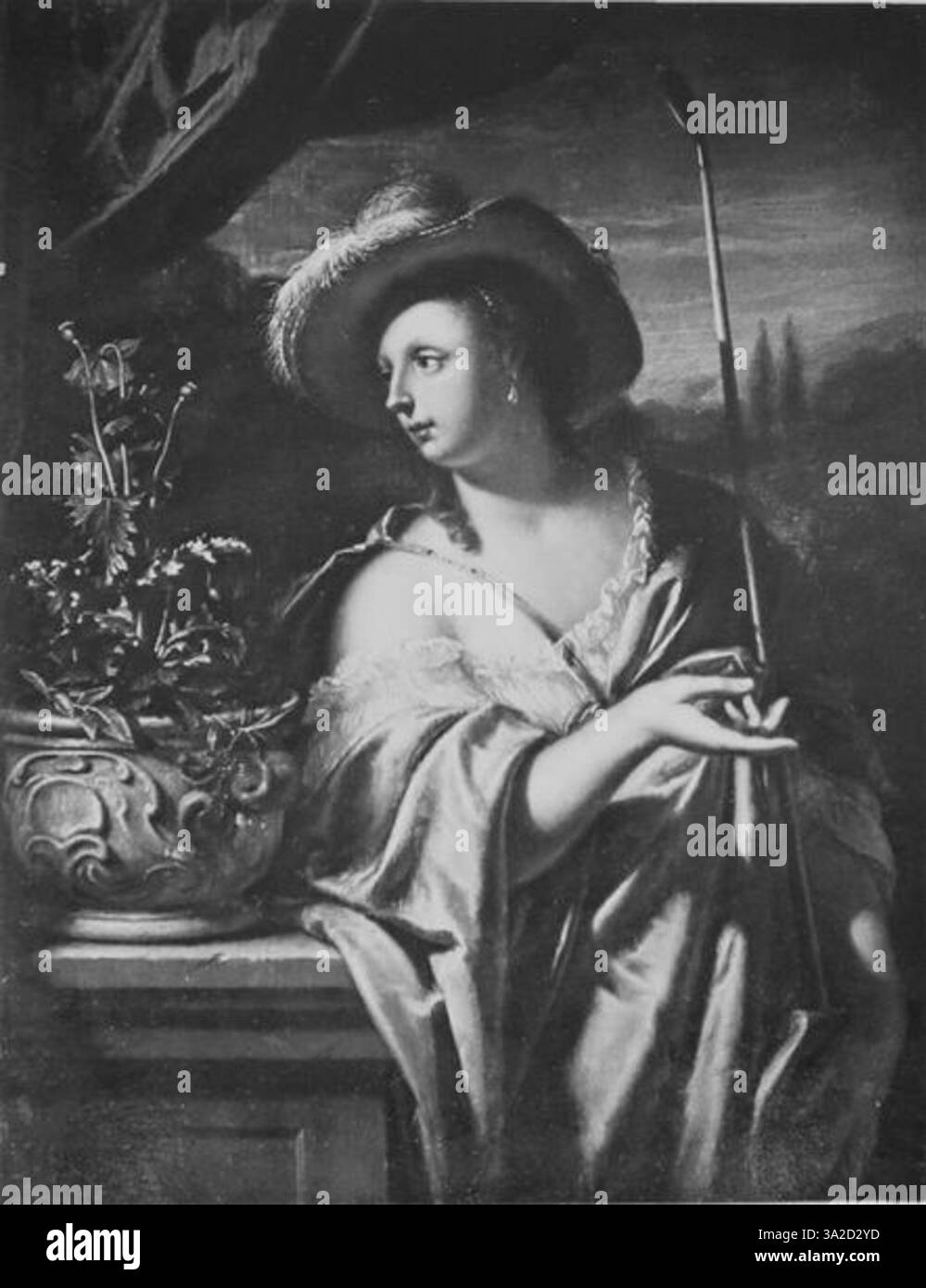 Frans van Mieris der ältere stellt eine junge Frau dar, die einen Stab hält und die rechte Hand auf einem Tisch liegt. Dieses Genre-Gemälde demonstriert die Expertise des Künstlers in der Darstellung des ländlichen Lebens mit einem starken Fokus auf Textur und realistischer Darstellung von Kleidung und Merkmalen. Das Stück ist charakteristisch für Mieris zarte Pinselarbeit und die sorgfältige Aufmerksamkeit für den menschlichen Ausdruck und die Umwelt. Stockfoto