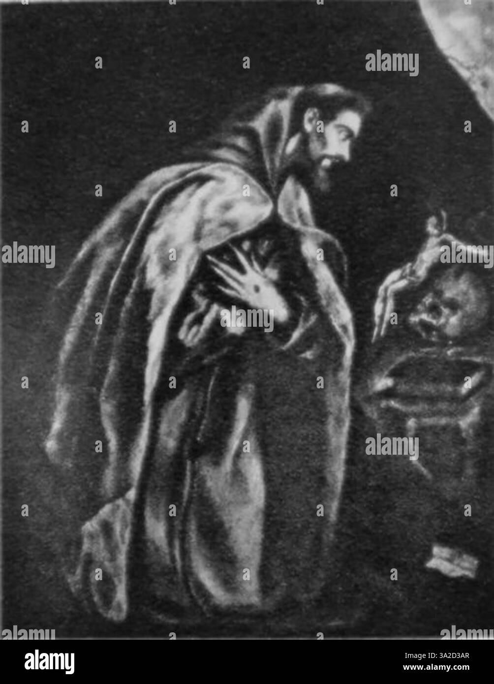 In *St. Francois en méditation* fängt El Greco den Heiligen Franziskus in einem Moment tiefer Besinnung ein. Das Gemälde demonstriert die besondere Verwendung des dramatischen Lichts, des intensiven spirituellen Ausdrucks und der inneren Hingabe des heiligen. Stockfoto