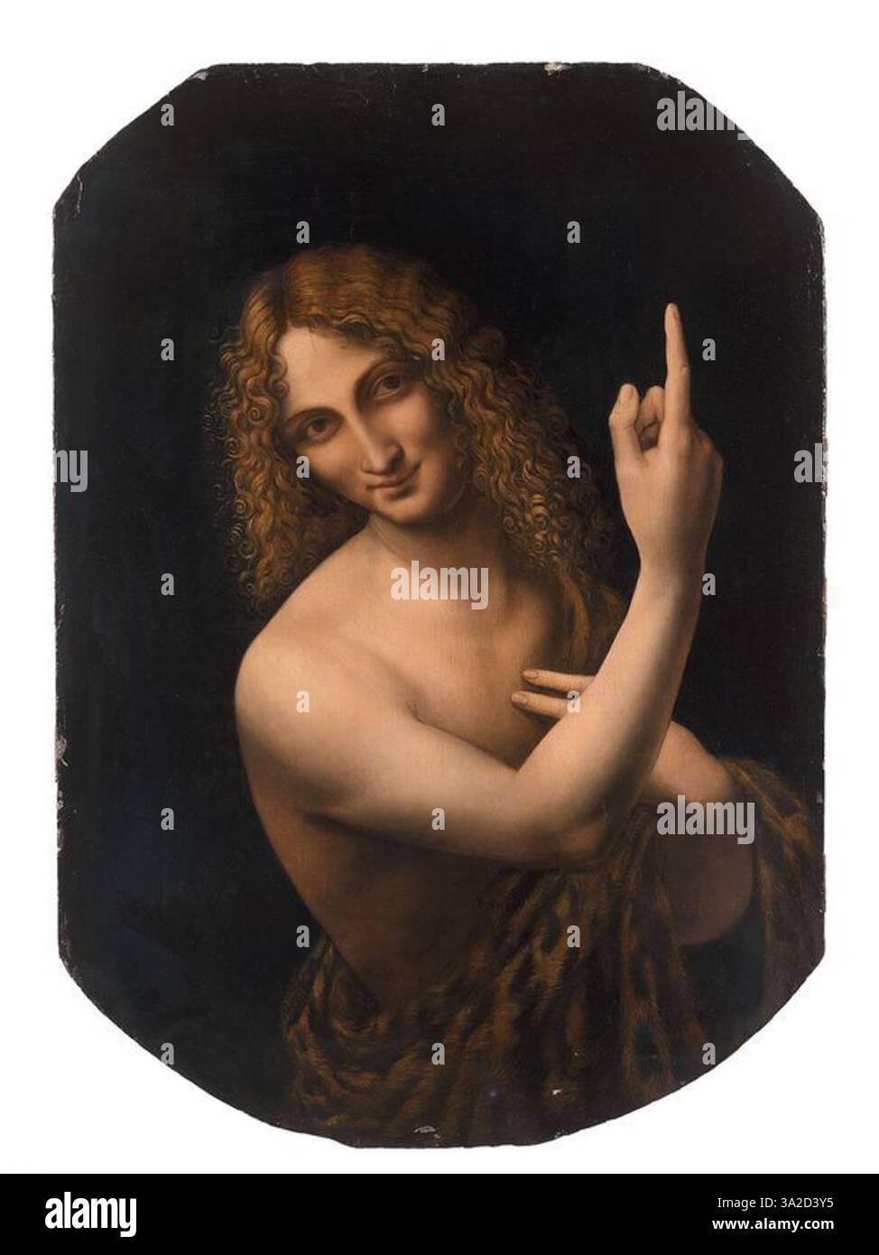 Dieses Gemälde aus dem 16. Jahrhundert, das einem Anhänger Leonardo da Vincis zugeschrieben wurde, zeigt den Heiligen Johannes den Täufer und zeigt das charakteristische ruhige Verhalten und die detaillierte Technik, die von da Vincis Stil beeinflusst wurde. Stockfoto Dieses Gemälde aus dem 16. Jahrhundert, das einem Anhänger Leonardo da Vincis zugeschrieben wurde, zeigt den Heiligen Johannes den Täufer und zeigt das charakteristische ruhige Verhalten und die detaillierte Technik, die von da Vincis Stil beeinflusst wurde. Stockfoto