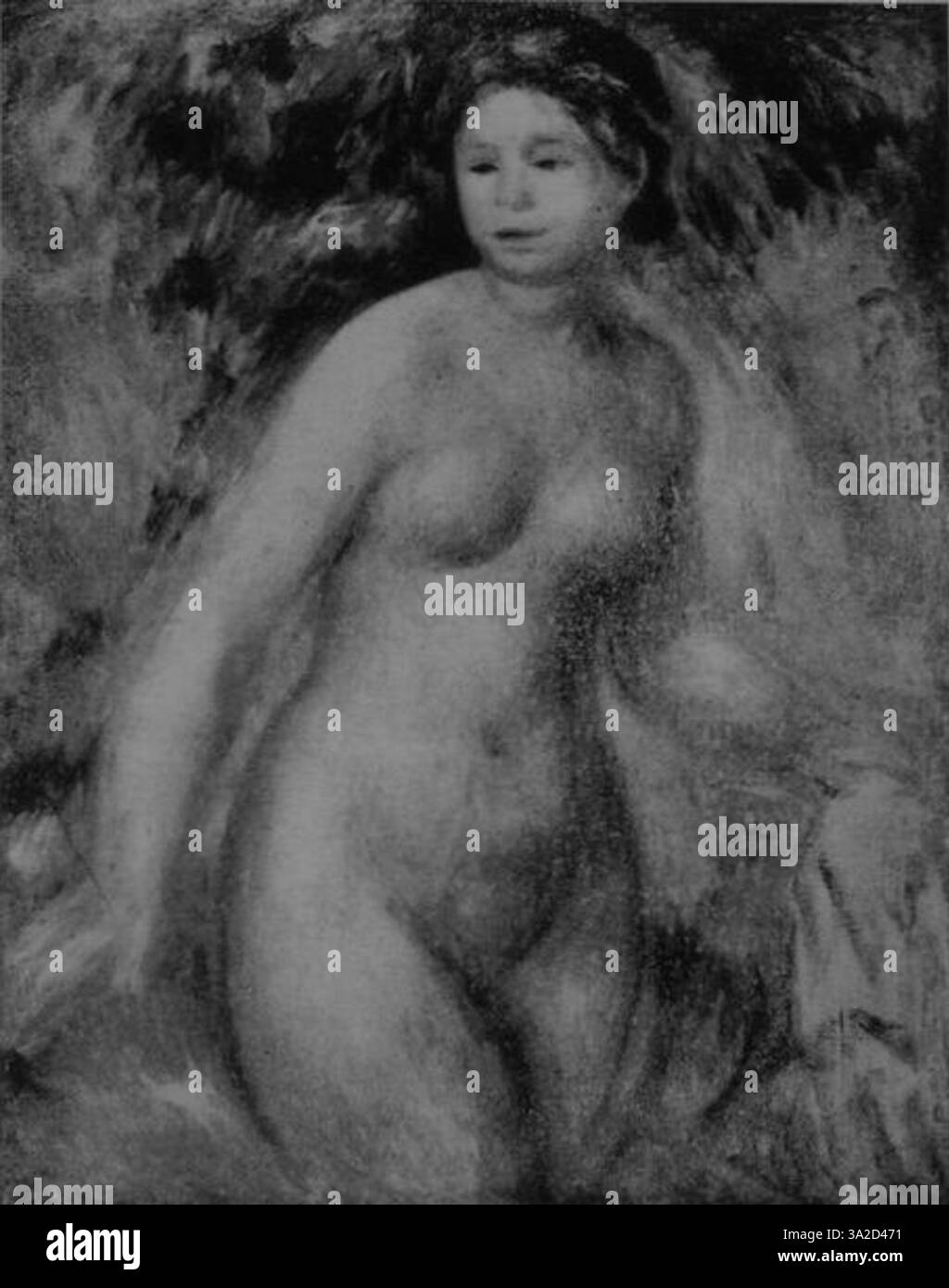 „Renoir 597“ zeigt Figuren in lebendiger Umgebung, beleuchtet durch sanftes Licht. Die reichhaltige Farbpalette verbessert die lebendige Stimmung der Szene und betont Bewegung und Ausdruck in den Interaktionen der Motive. Stockfoto