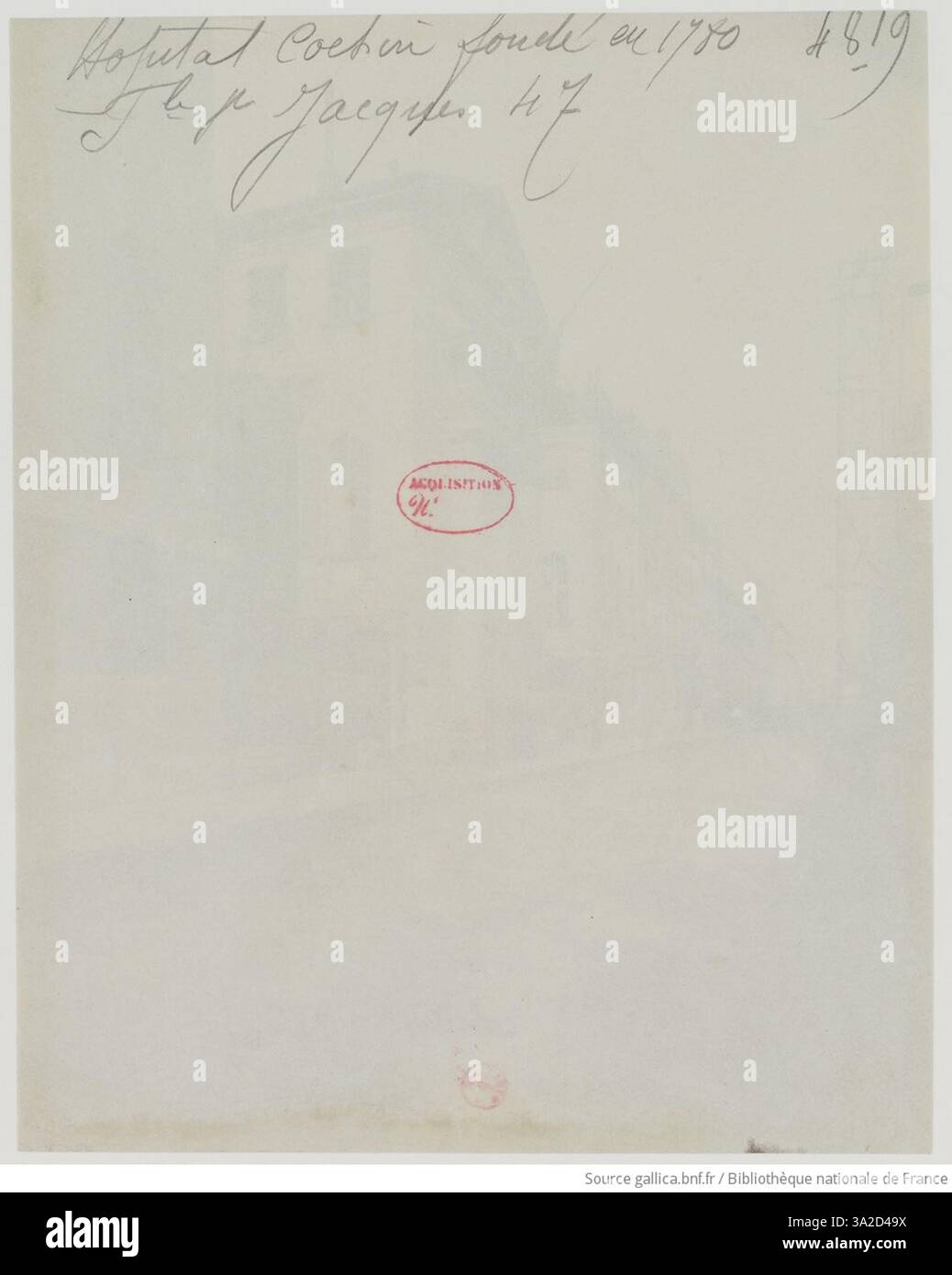 Dieses Foto von Eugène Atget zeigt das Äußere des 1780 gegründeten Hôpital Cochin in Fbg St. Jacques 47. Das Bild hebt die historische Architektur des Krankenhauses hervor. Stockfoto