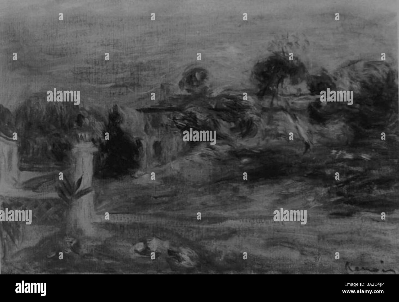 Dieses Werk von Pierre-Auguste Renoir (1841–1919) veranschaulicht seinen impressionistischen Stil mit fließenden Pinselstrichen und leuchtenden Farben. Renoir fängt sowohl die Lebendigkeit als auch die Gelassenheit des Augenblicks durch seine charakteristische Darstellung von Licht und menschlicher Form ein. Stockfoto
