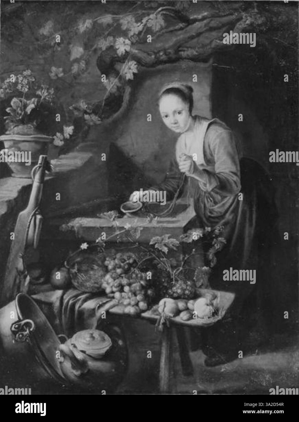 Diese Genreszene von Frans van Mieris spiegelt seine akribische Herangehensweise an die Darstellung der Texturen und Nuancen des Lebens des 17. Jahrhunderts wider. Stockfoto
