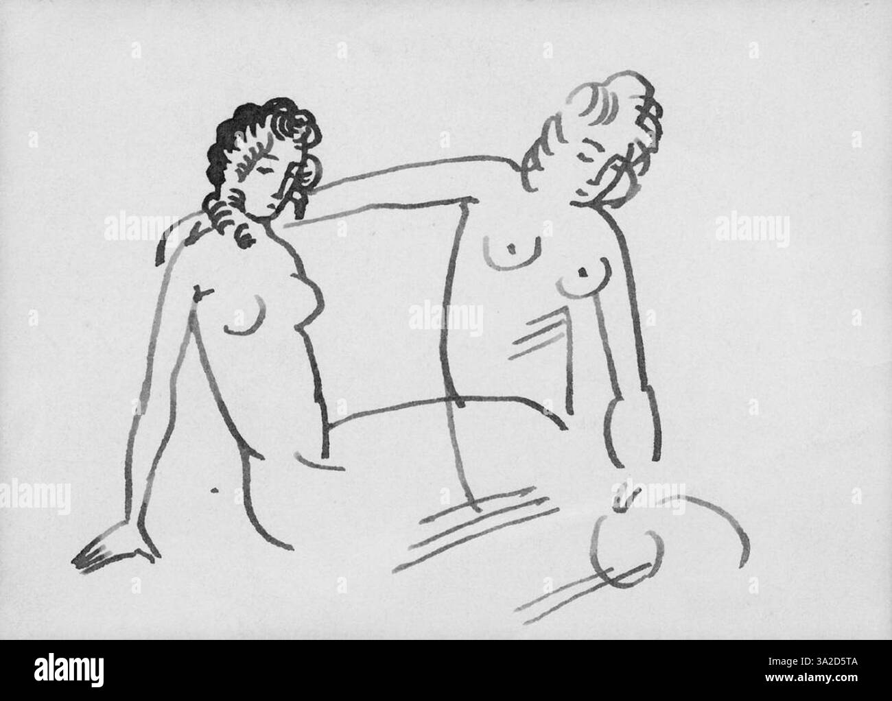 Zwei sitzende W (zwei sitzende Frauen) von August Macke zeigt zwei weibliche Figuren, die zusammen sitzen. Das Gemälde verwendet lebendige Farben, um die Formen der Frauen und ihre Interaktion vor einem einfachen Hintergrund hervorzuheben. Stockfoto