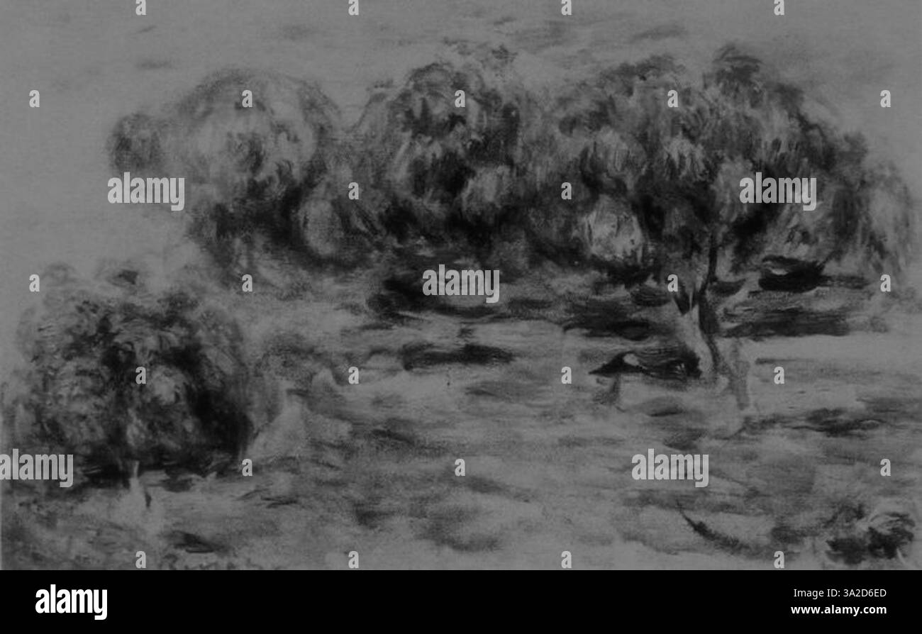 Dieses Stück von Renoir stellt Figuren in einer Outdoor-Szene dar und betont die Beziehung zwischen Licht, Schatten und Textur in einer fließenden, naturalistischen Komposition. Stockfoto