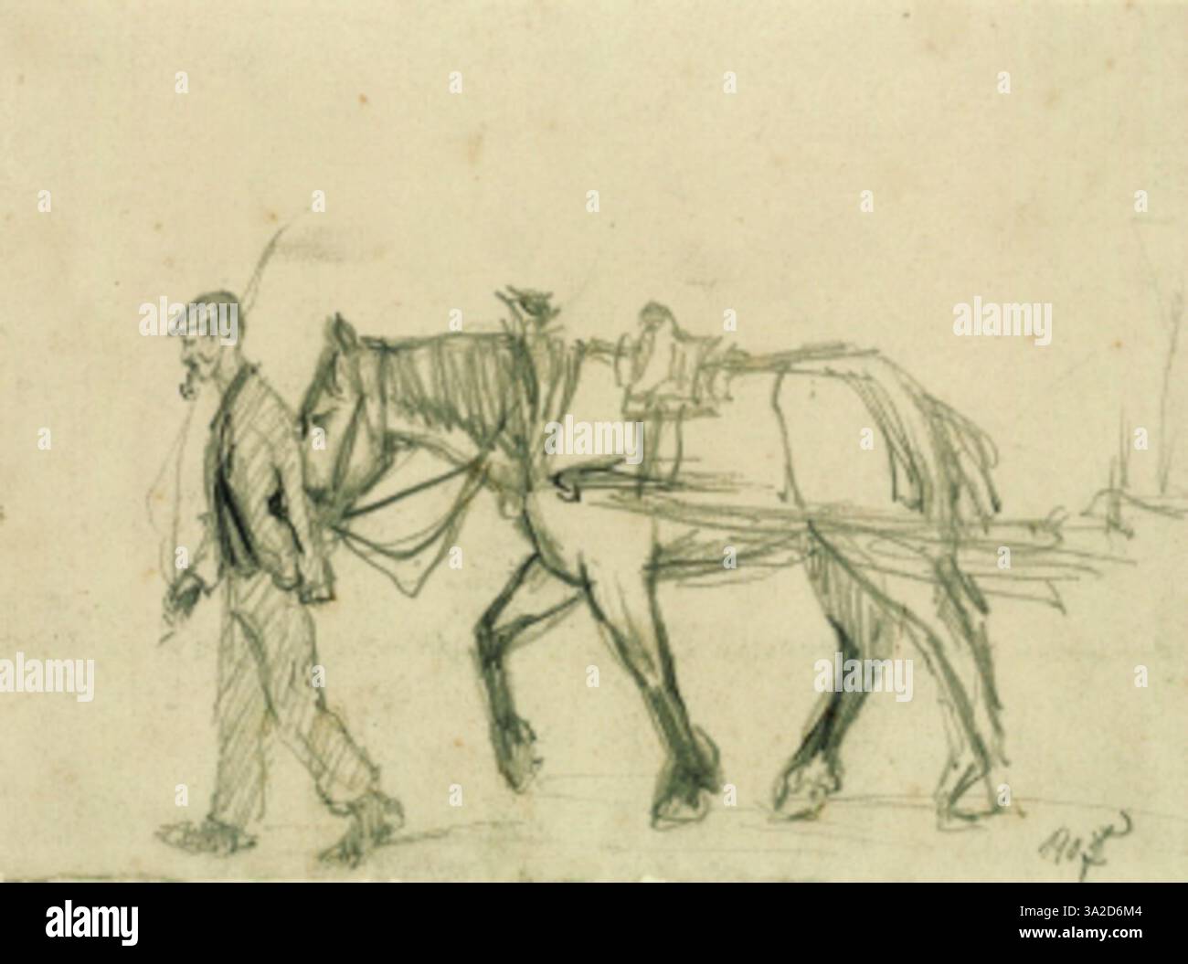 Fuhrmann mit Gaul von August Macke zeigt einen Pferdewagen mit Fahrer und Pferd. Das Stück beleuchtet das ländliche Leben und die Verbindung zwischen Mensch und Tier. Stockfoto