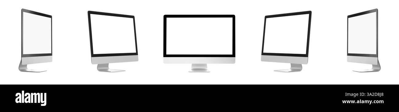Computermonitor mit leeren Bildschirmen isoliert auf weiß, Collage Stockfoto
