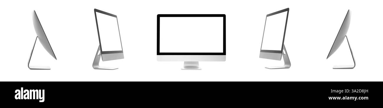 Computermonitor mit leeren Bildschirmen isoliert auf weiß, Collage Stockfoto